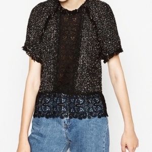 Zara black lace front tweed fringe top
